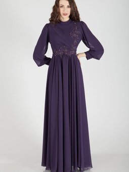 Mor Üzeri Taş İşlemeli Şifon Abiye Elbise