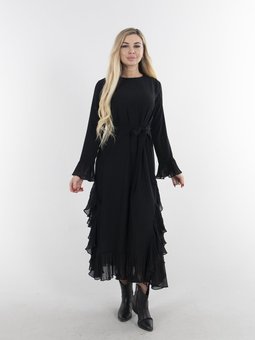 Siyah Volan Detaylı Uzun Elbise