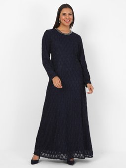 Simli Taş Detaylı Büyük Beden Koyu Lacivert Abiye Elbise