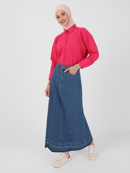 A Kesim Dikiş Detaylı Denim Mavi Etek