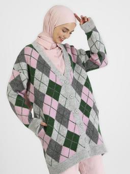 Ekose Desenli Cep Detaylı Triko Antrasit Hırka