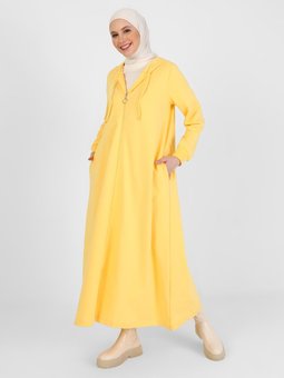 Kapüşon Detaylı Fermuarlı Spor Sarı Pardesü