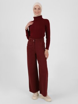 Püskül Detaylı Denim Bordo Pantolon