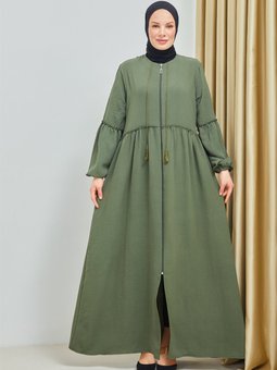 Büyük Beden İpli Ayrobin Fermuarlı Haki Ferace