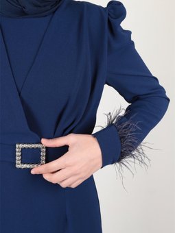 Kol Tüllü Mavi Abiye Elbise