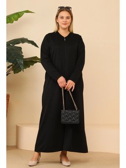 Büyük Beden Fermuarlı Tam Uzun Namaz Elbisesi Siyah Elbise