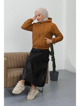 Camel Kapüşonlu Filota Cepli Kapitone Kısa Ceket