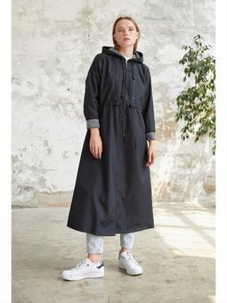 Çakımlı Çizgili Desen Uzun Siyah Trençkot