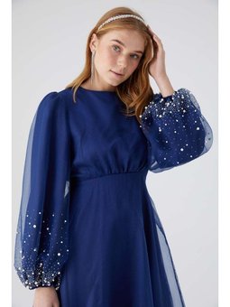 Manuka Taşlı Organze Abiye Elbise Lacivert