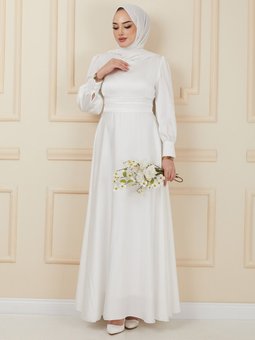 Beli Pilise Detaylı Kuşaklı Saten Nikah Ekru Abiye Elbise