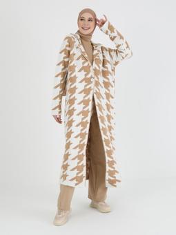 Desenli Triko Kaban İnci Beyazı Vizon Hırka