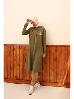 Açık Haki Nakışlı Kapüşonlu Rahat Hırka