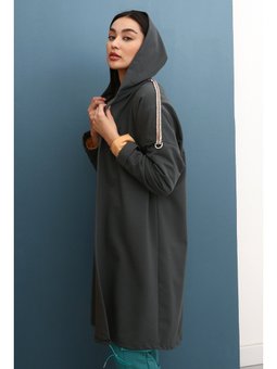 Antrasit Kapüşonlu Şerit Detaylı Salaş Hırka