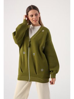 Haki V Yaka Kuşgözü Detaylı Şardonlu Fermuarlı Hırka