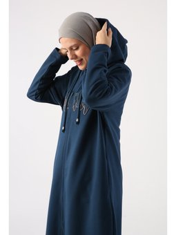 Koyu İndigo Büyük Beden Aplike Nakışlı Fermuarlı Hırka