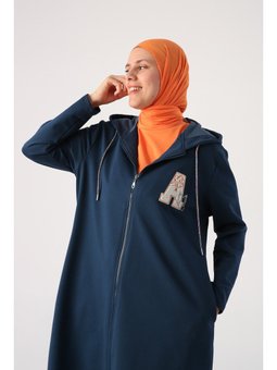 Koyu İndigo Büyük Beden Aplike Nakışlı Kapüşonlu Hırka