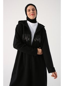 Siyah Büyük Beden Aplike Nakışlı Fermuarlı Hırka