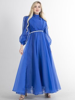 Saks Mavisi Uzun Balon Kol Dik Yaka Abiye Elbise