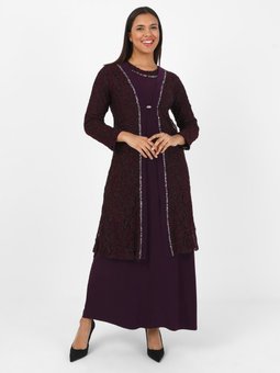 Simli Taş Baskılı Büyük Beden Mürdüm Abiye Elbise