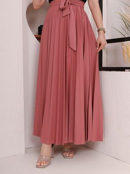 Kuşak Detaylı Piliseli Gül Kurusu Etek