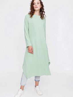 Mint Yan Yırtmaçlı Cepli Tunik