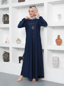 Kolyeli Bisiklet Yaka İndigo Elbise