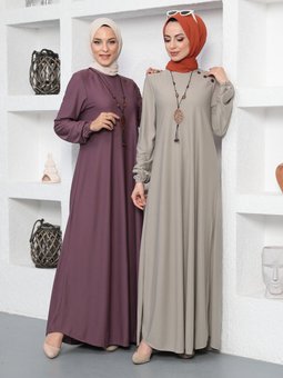 Kolyeli Bisiklet Yaka Lila Elbise