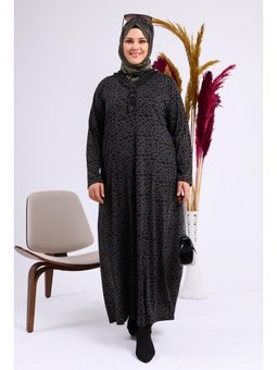 Büyük Beden Leopar Desenli Viskon Penye Anne Elbisesi Haki Elbise