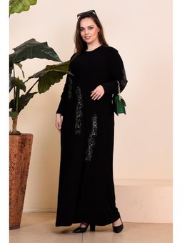 Kadin Buyuk Beden Leopar Desenli Tesettur Elbise Siyah