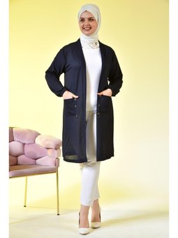 Kadin Buyuk Beden Metal Tokalı Petek Lacivert Hırka