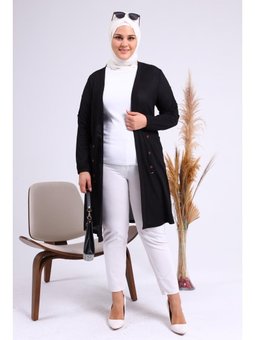 Kadin Buyuk Beden Metal Tokalı Petek Siyah Hırka