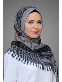 Gri Pratik Hazır Geçmeli Eşarp Kesik Elyaf Piliseli Çiçek Desenli