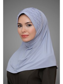 Gri Pratik Hazır Geçmeli Eşarp Sandy Kumaş İşlemeli İncili Taşlı