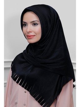 Siyah Pratik Hazır Geçmeli Eşarp Fukuro Piliseli Saçaklı Lazer Kesim