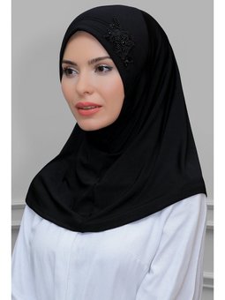 Siyah Pratik Hazır Geçmeli Eşarp Sandy Kumaş Elişi Çiçek İşlemeli Güllü