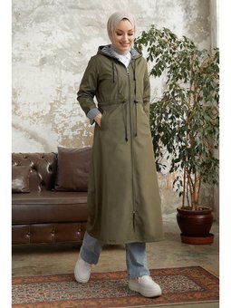 Çakımlı Çizgili Desen Uzun Haki Trençkot
