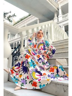 Yarasa Kol Orkide Desen Mor Elbise