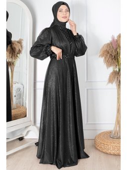 Payet Detaylı Simli Tül Büyük Beden Abiye Elbise Siyah