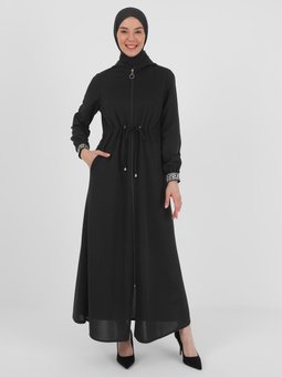 Kol Detyalı Boydan Fermuarlı Siyah Ferace