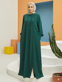 Düğme Detaylı Zümrüt Yeşili Ferace