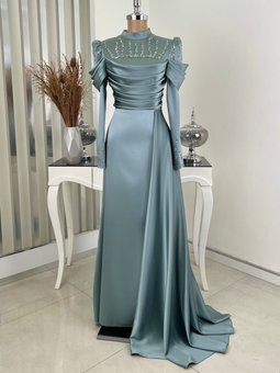 Rüya Saten Mint Yeşili Abiye Elbise