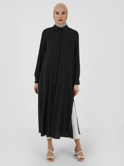 Aerobin Boydan Düğmeli Uzun Siyah Tunik