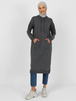 Antrasit Kanguru Cepli Kapüşonlu Uzun Sweatshirt