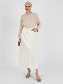 Doğal Kumaşlı Cep Detaylı Kot Off White Etek