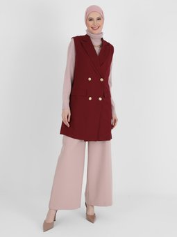 Düğme Detaylı Şık Koyu Kızıl Yelek