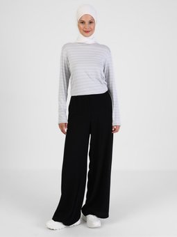 Geniş Paça Beli Lastikli Viskon Siyah Pantolon