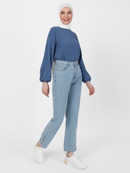 Paçası Yırtmaçlı Doğal Kumaşlı Buz Mavi Kot Pantolon