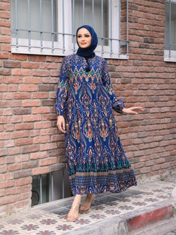 Desenli Koyu İndigo Elbise