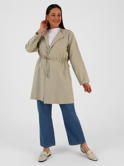 Büyük Beden Beli Büzgülü Keten Açık Vizon Ceket