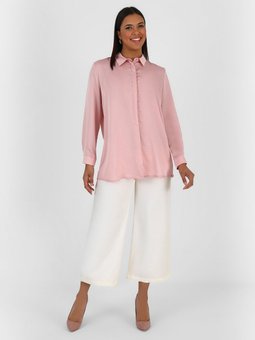 Büyük Beden Düğme Detaylı Saten Pudra Tunik